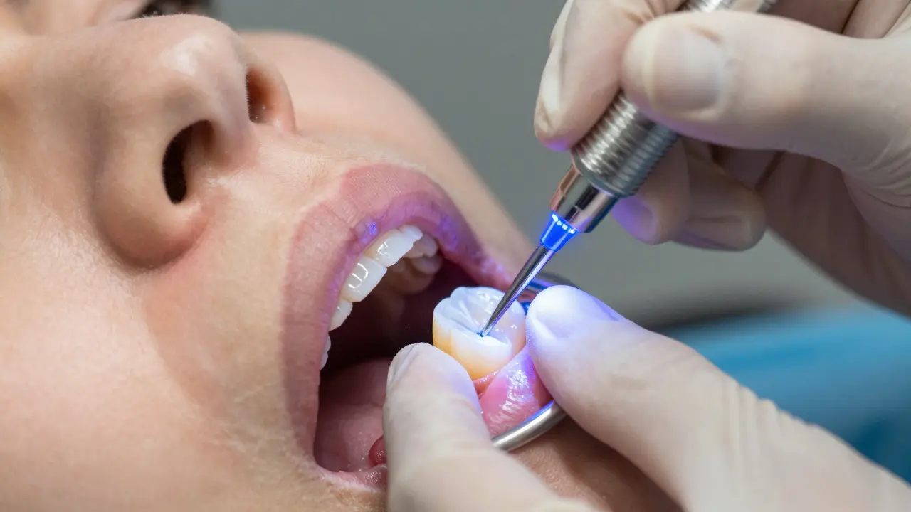 Zubní lékař aplikuje kompozitní výplň pod modrým UV světlem
