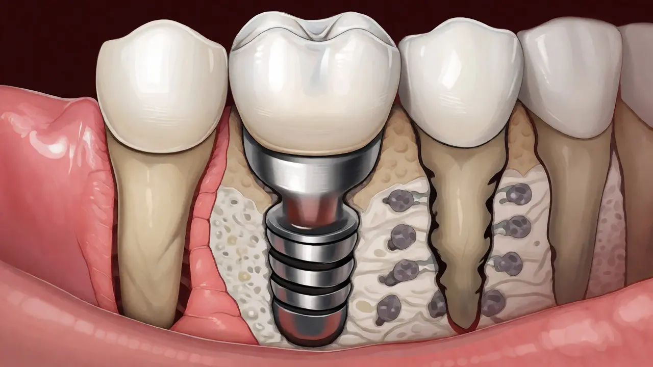 Anatomický řez čelistí ukazující srůst titanového implantátu s kostí a zdravou dásní.