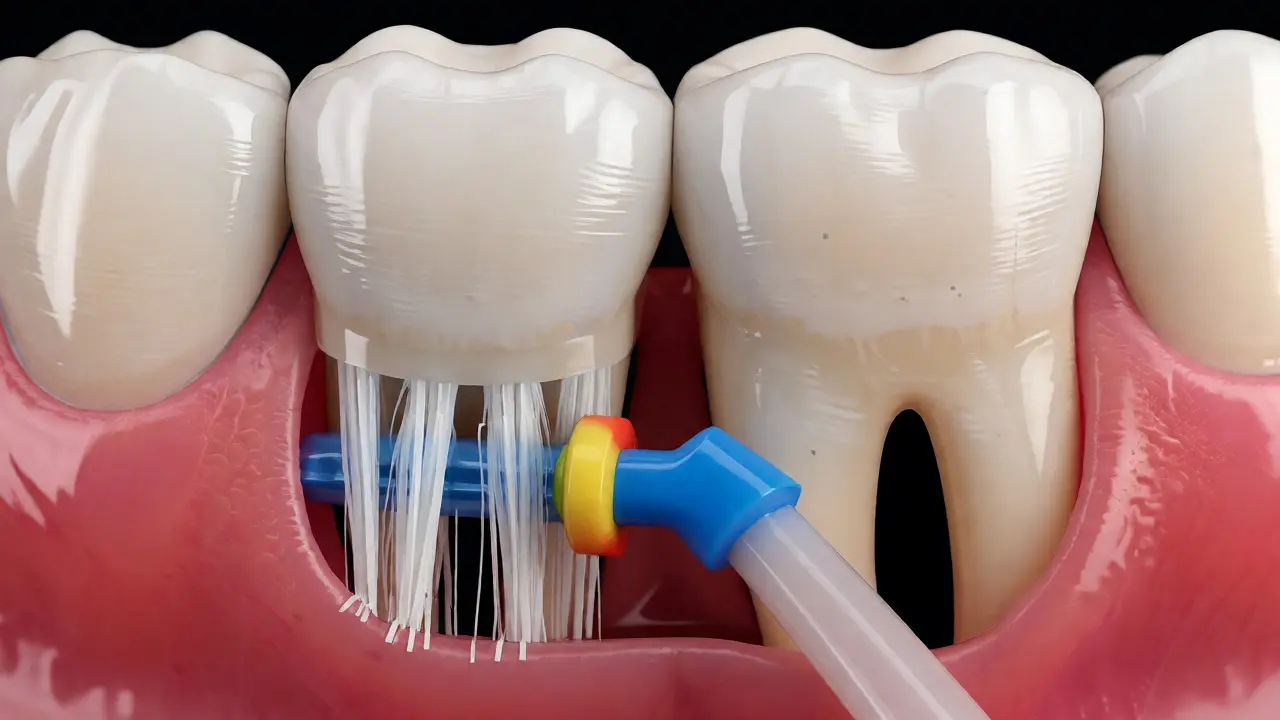 Close-up of an interdental brush cleaning between teeth with receded gums.