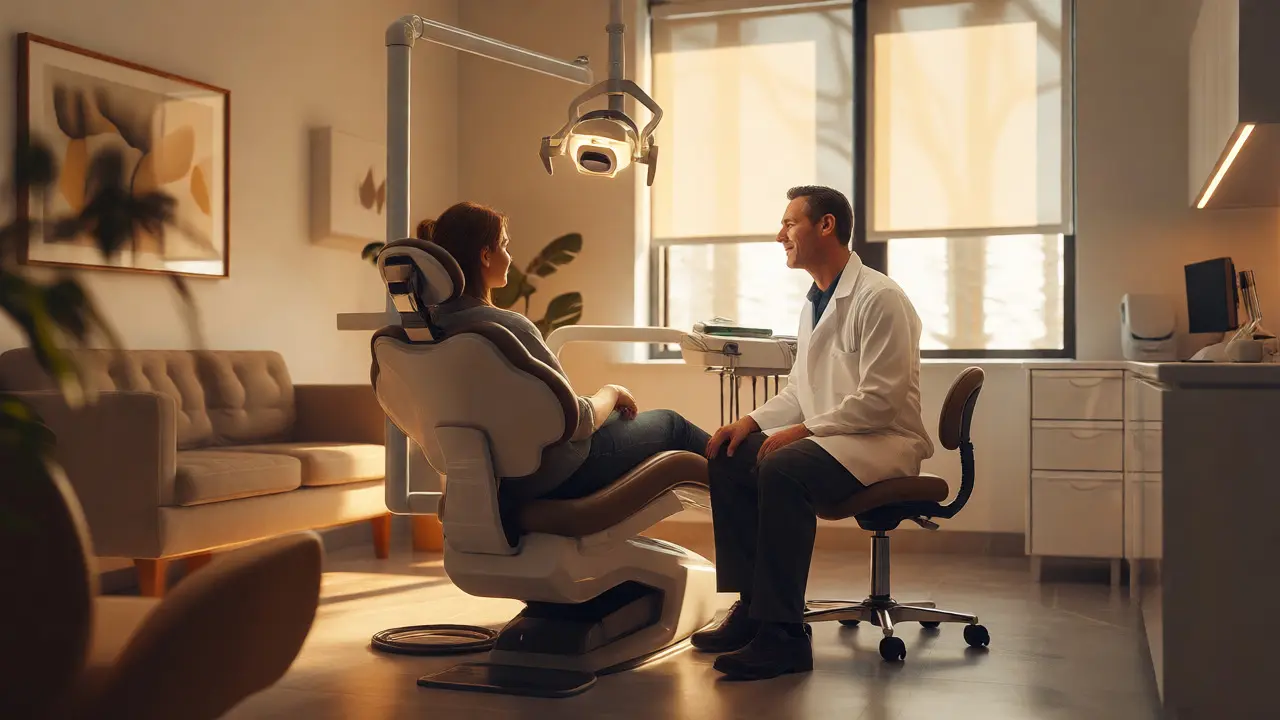Dentist calmly talking with a relaxed patient in a modern office