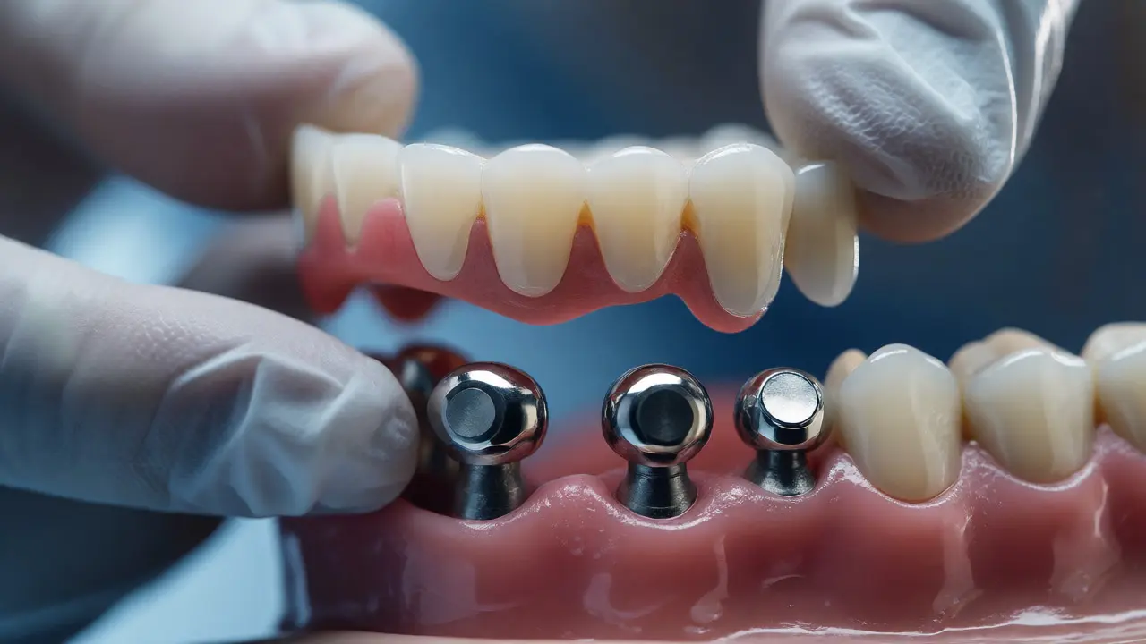 Detailní pohled na nasazování snímatelné náhrady na implantáty nebo pilíře