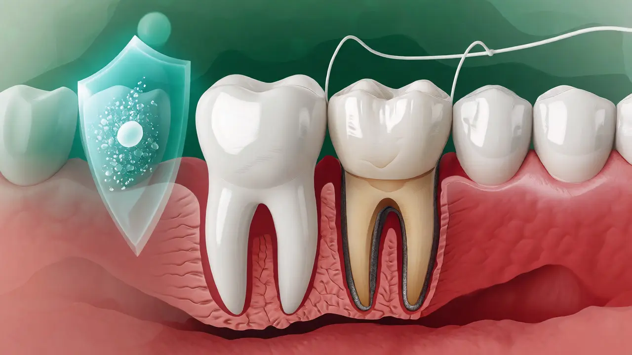 Konceptuální ilustrace zdravého zubu chráněného fluoridem a mezizubní nití.
