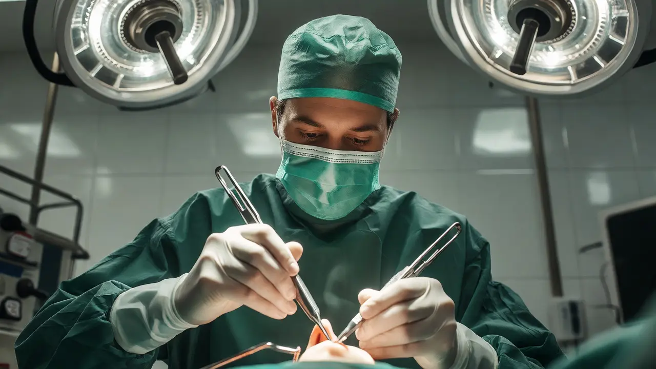 Maxilofaciální chirurg provádějící precizní zákrok v operačním sále