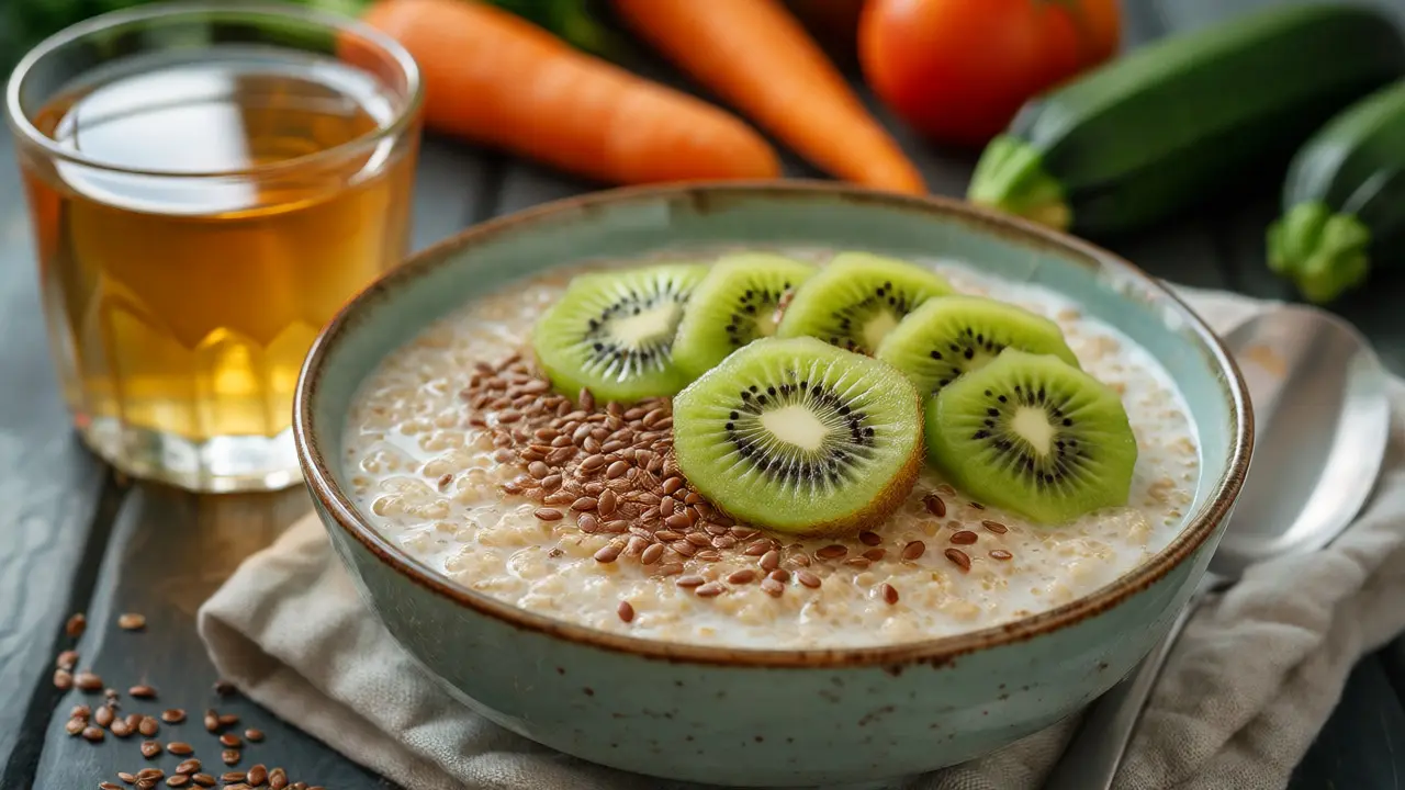 Miska ovesné kaše s kiwi a lněnými semínky vedle sklenice teplého čaje.