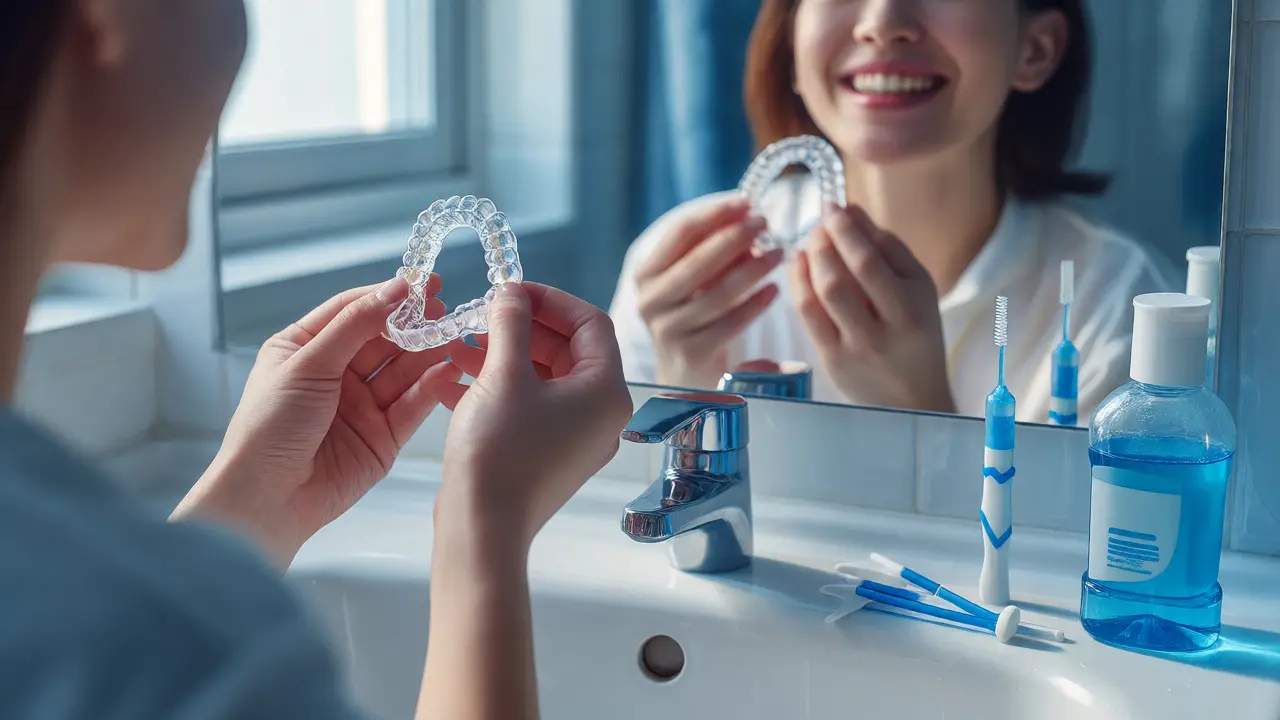 Osoba nasazuje průhledný retainer pro udržení výsledků ortodontické léčby