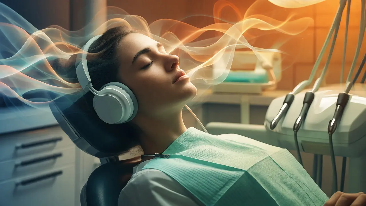 Patient relaxing in dental chair with headphones and abstract calm waves