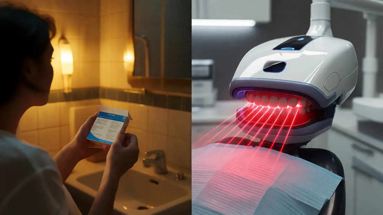 Rozdělený obraz srovnávající domácí bělicí pásky a profesionální laserové ošetření zubů.