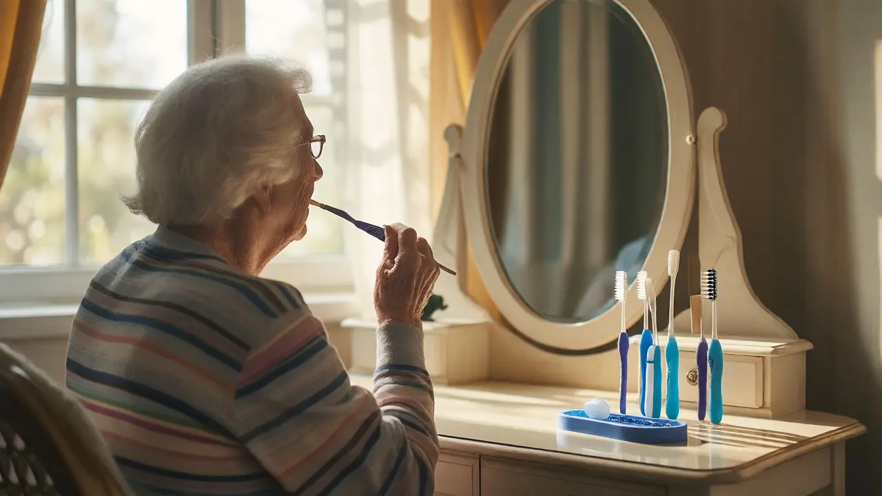 Senior person using a long-handled interdental brush at a vanity table.
