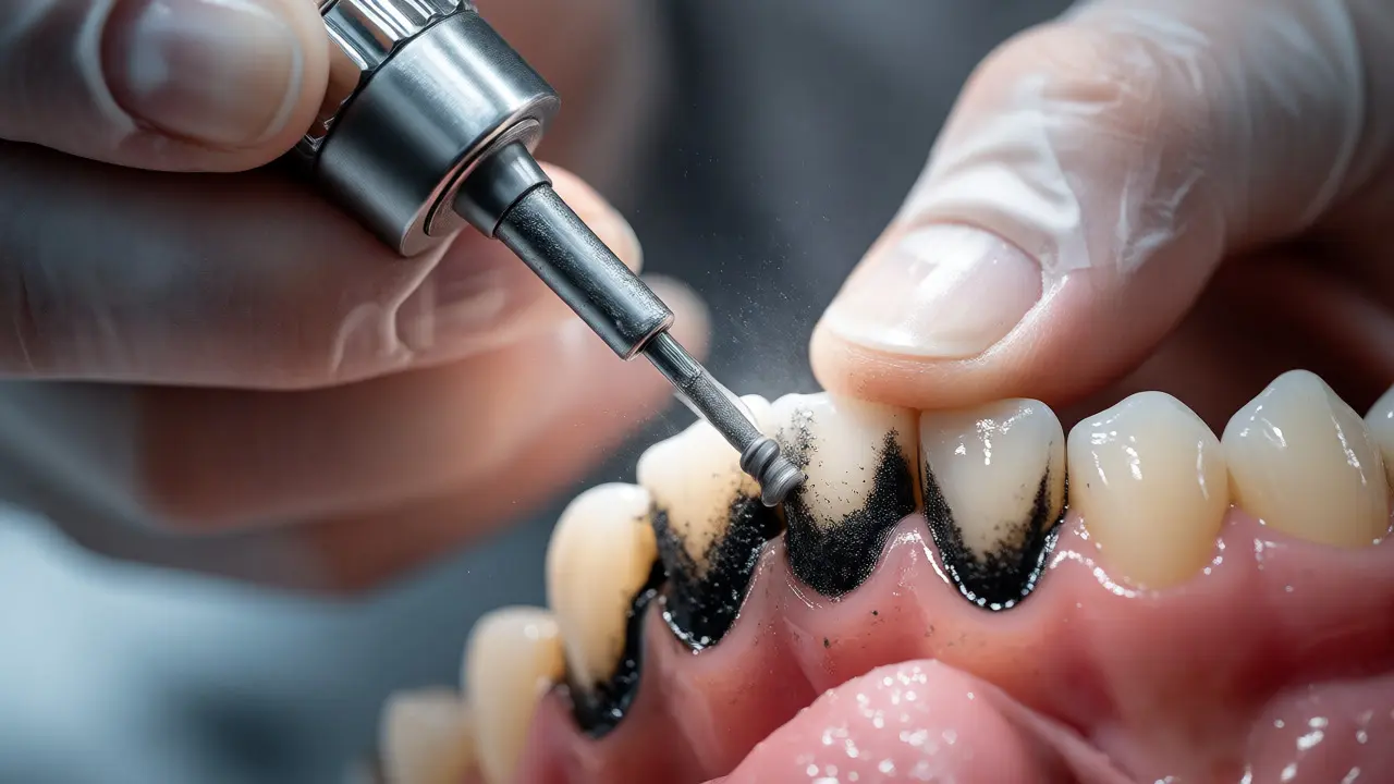 Dentální hygienistka odstraňuje černý kámen ultrazvukovým přístrojem