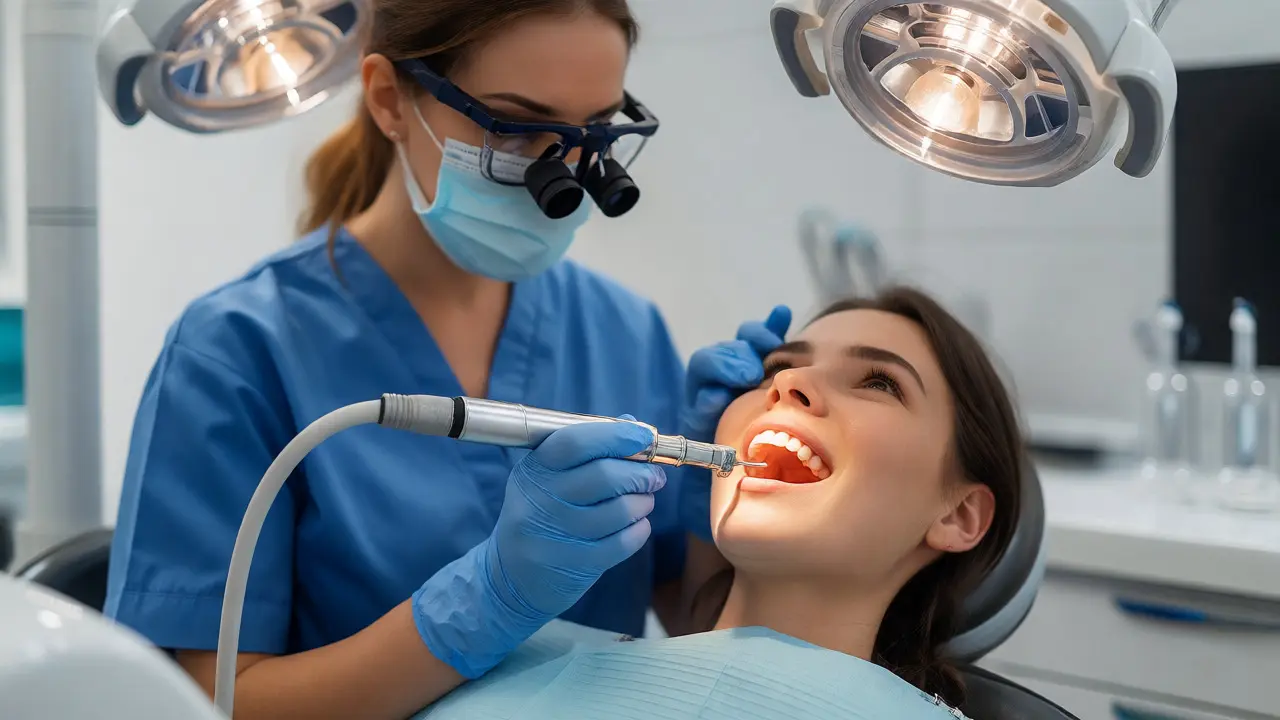 Dentální hygienistka odstraňuje zubní kámen ultrazvukem v ordinaci
