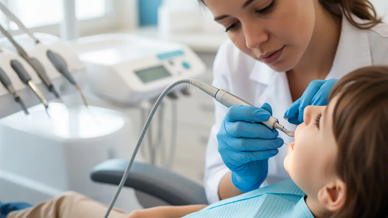Dětský zubař odstraňuje zubní kámen ultrazvukem během preventivní prohlídky.