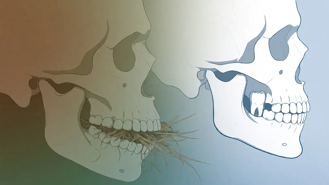 Ilustrace porovnávající evoluční vývoj čelisti mezi pravěkým a moderním člověkem.
