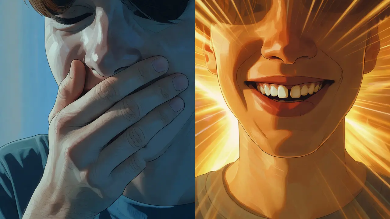 Konceptuální ilustrace kontrastu mezi skrytým a otevřeným úsměvem.