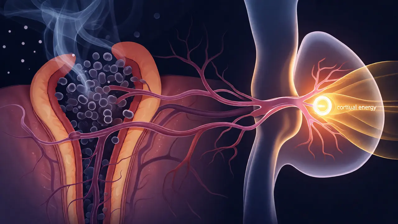 Konceptuální ilustrace propojení ústního zánětu a hormonálního stresu