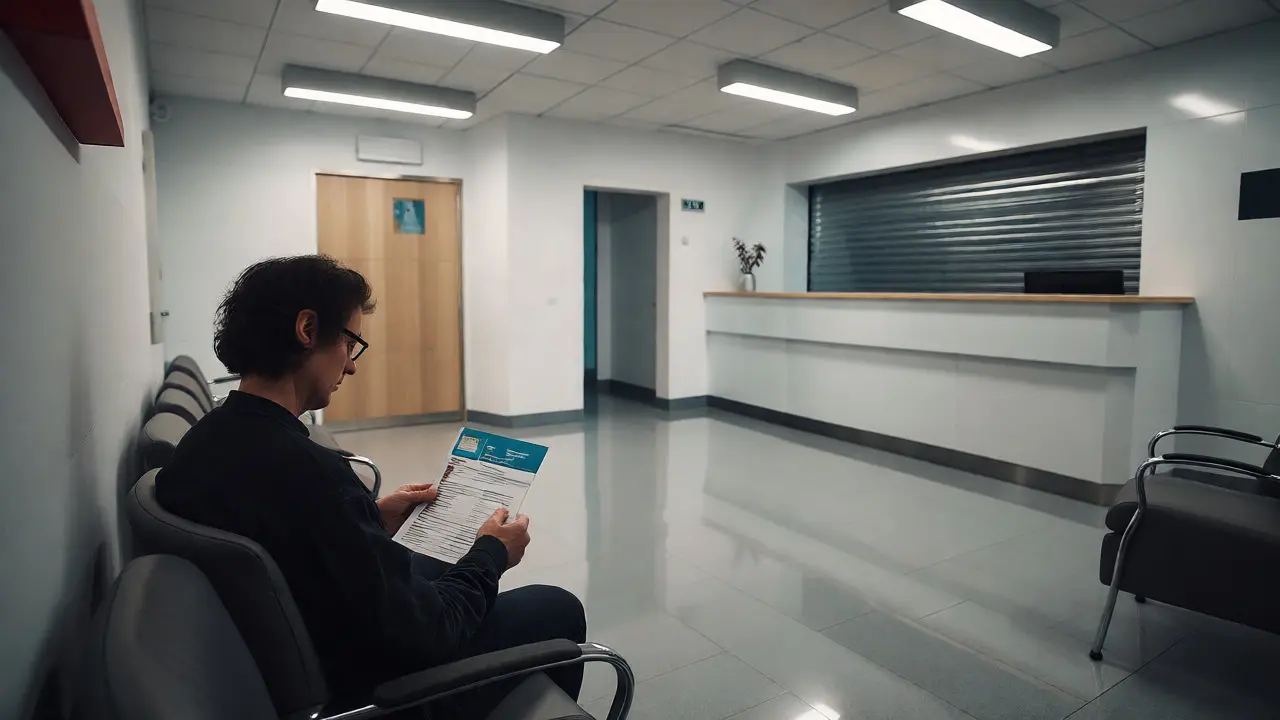 Pacient čekající na zubní pohotovost s doklady v ordinaci
