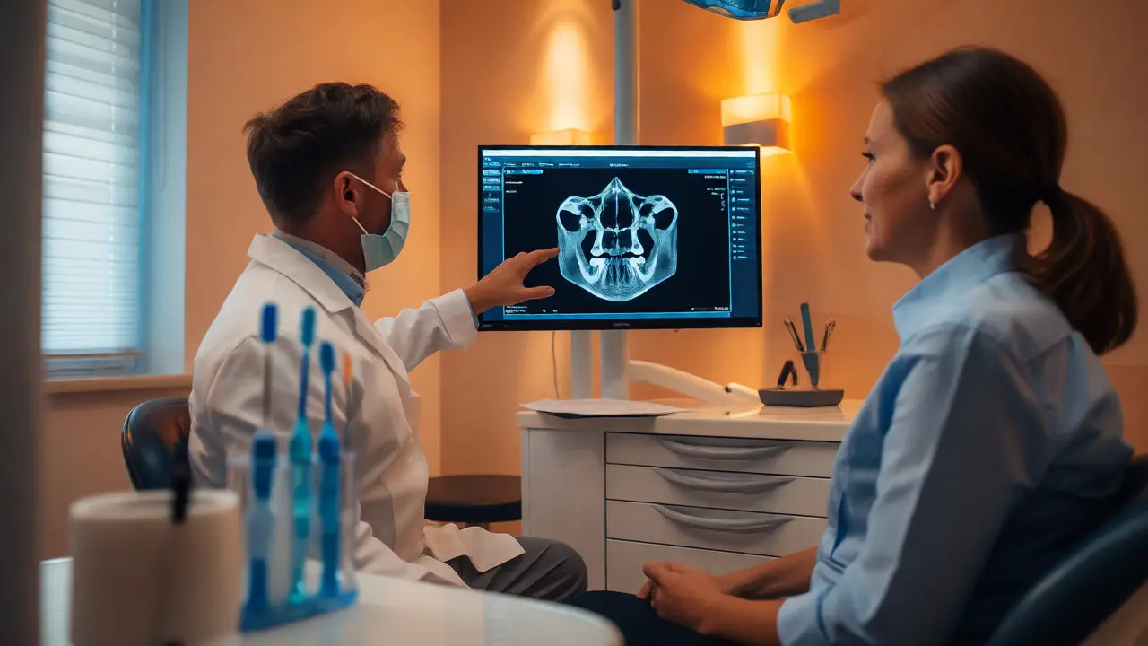 Stomatolog vysvětluje CT snímek čelisti pacientovi v ordinaci