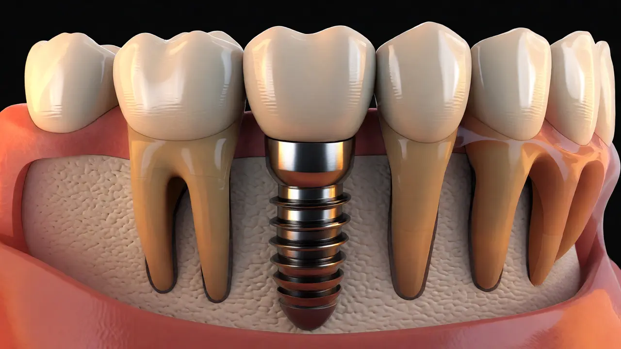 Titanový dentální implantát ukotvený v čelistní kosti s korunou.