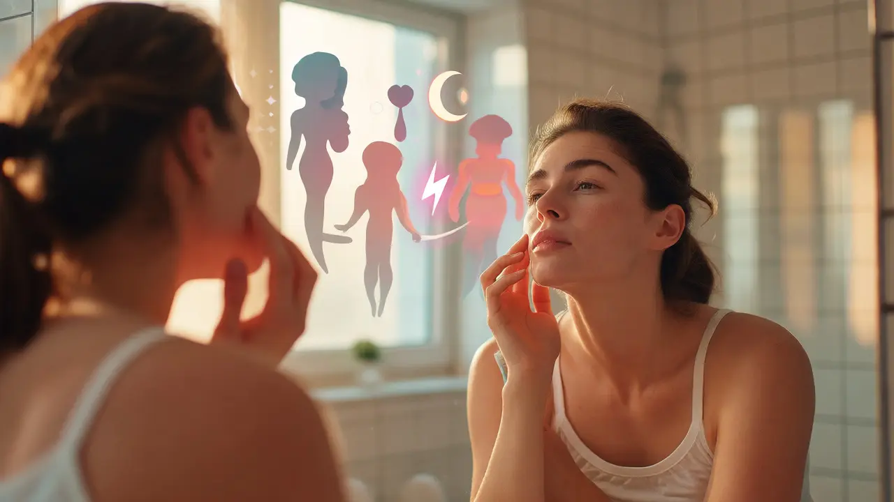 Žena v koupelně symbolizující obnovu hormonální rovnováhy po péči o zuby