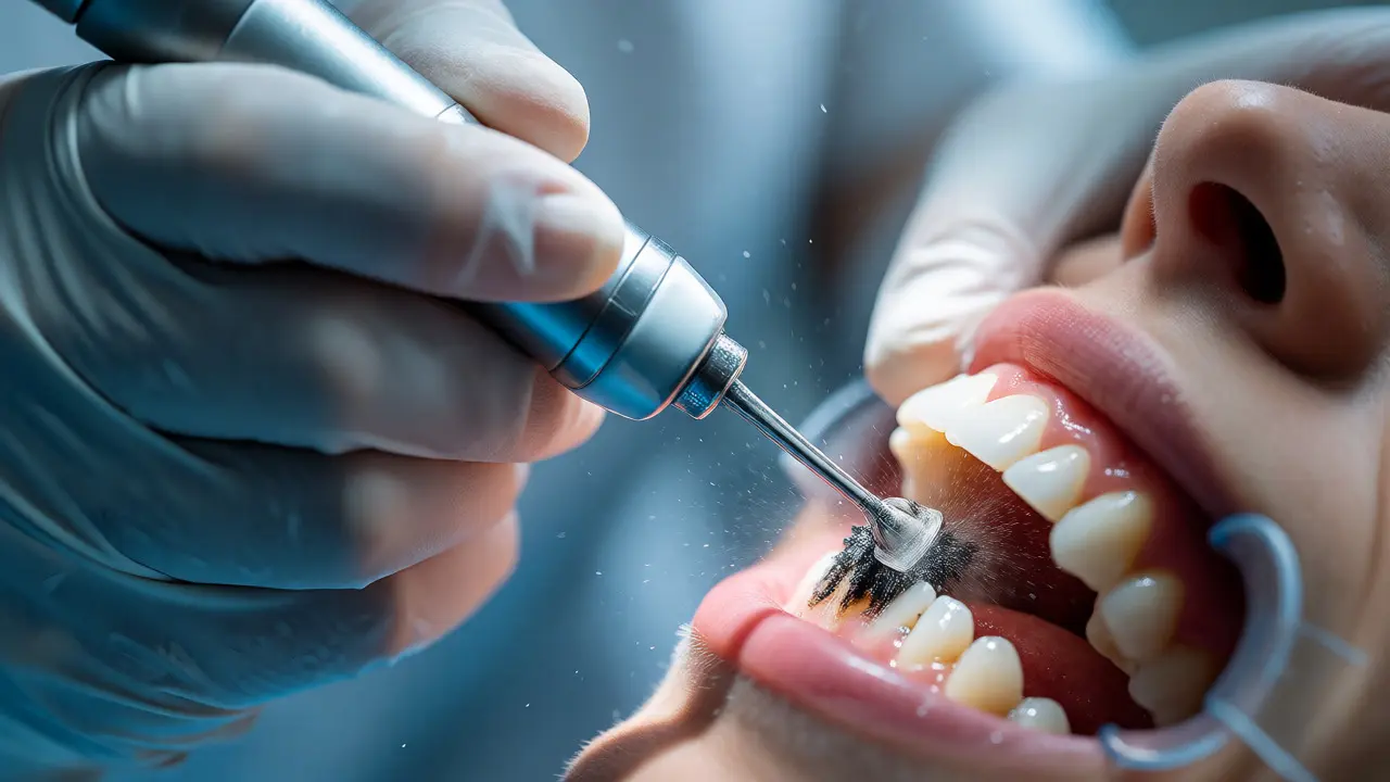 Zubní hygienista odstraňuje kámen ultrazvukem